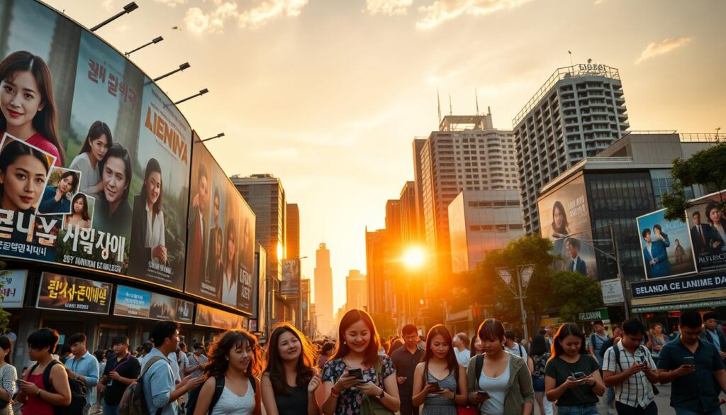 A bustling city skyline at golden hour, with a large billboard displaying captivating Korean drama posters in the foreground. The billboards showcase a diverse array of genres, from heartwarming romances to gripping thrillers, reflecting the breadth and depth of the Korean drama phenomenon. In the middle ground, a group of friends excitedly discussing their favorite shows, their faces alight with enthusiasm. In the background, a lively street scene with people of all ages engrossed in their mobile devices, immersed in the world of Korean entertainment. The overall atmosphere conveys the growing popularity and cultural impact of Korean dramas in Brazil. A bustling city skyline at golden hour, with a large billboard displaying captivating Korean drama posters in the foreground. The billboards showcase a diverse array of genres, from heartwarming romances to gripping thrillers, reflecting the breadth and depth of the Korean drama phenomenon. In the middle ground, a group of friends excitedly discussing their favorite shows, their faces alight with enthusiasm. In the background, a lively street scene with people of all ages engrossed in their mobile devices, immersed in the world of Korean entertainment. The overall atmosphere conveys the growing popularity and cultural impact of Korean dramas in Brazil.