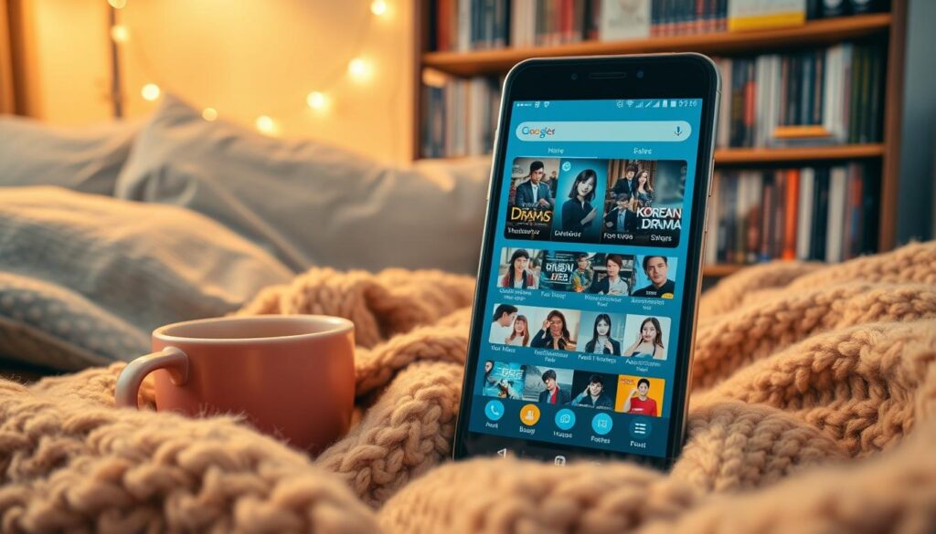 A cozy living room scene with a smartphone in the foreground, its screen displaying a variety of Korean drama streaming apps. The smartphone is surrounded by plush pillows, a warm blanket, and a mug of hot tea, creating a comfortable and inviting atmosphere. In the background, a bookshelf filled with Korean dramas on DVD and a string of fairy lights adding a soft, ambient glow. The lighting is warm and natural, as if captured by a wide-angle lens in the soft evening light. The overall mood is one of relaxation and escapism, encouraging the viewer to curl up and immerse themselves in the world of Korean dramas on their mobile device. A cozy living room scene with a smartphone in the foreground, its screen displaying a variety of Korean drama streaming apps. The smartphone is surrounded by plush pillows, a warm blanket, and a mug of hot tea, creating a comfortable and inviting atmosphere. In the background, a bookshelf filled with Korean dramas on DVD and a string of fairy lights adding a soft, ambient glow. The lighting is warm and natural, as if captured by a wide-angle lens in the soft evening light. The overall mood is one of relaxation and escapism, encouraging the viewer to curl up and immerse themselves in the world of Korean dramas on their mobile device.