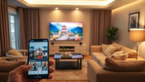 A cozy living room with a large flat-screen TV, surrounded by comfortable sofas and armchairs. On the TV screen, a vibrant and captivating Korean drama is playing, transporting the viewer to a different cultural landscape. The room is bathed in warm, soft lighting, creating a welcoming and relaxing atmosphere. In the foreground, a smartphone or tablet is prominently displayed, showcasing an app interface with a selection of Korean dramas. The app's design is sleek and modern, with high-quality thumbnails and user-friendly navigation. The overall scene conveys the idea of being able to easily access and enjoy a wide variety of Korean television content in the comfort of one's own home.