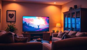 A cozy living room with a large flat-screen TV taking center stage. On the screen, a captivating Christian television series is playing, with vibrant colors and dramatic scenes. The room is bathed in warm, soft lighting, creating a welcoming and serene atmosphere. Plush, comfortable furniture surrounds the TV, inviting viewers to sit back and immerse themselves in the story. A wooden bookshelf in the background holds a collection of Bibles and Christian literature, hinting at the spiritual nature of the content being watched. The overall scene conveys a sense of peace, devotion, and the ability to access Christian entertainment from the comfort of one's own home.