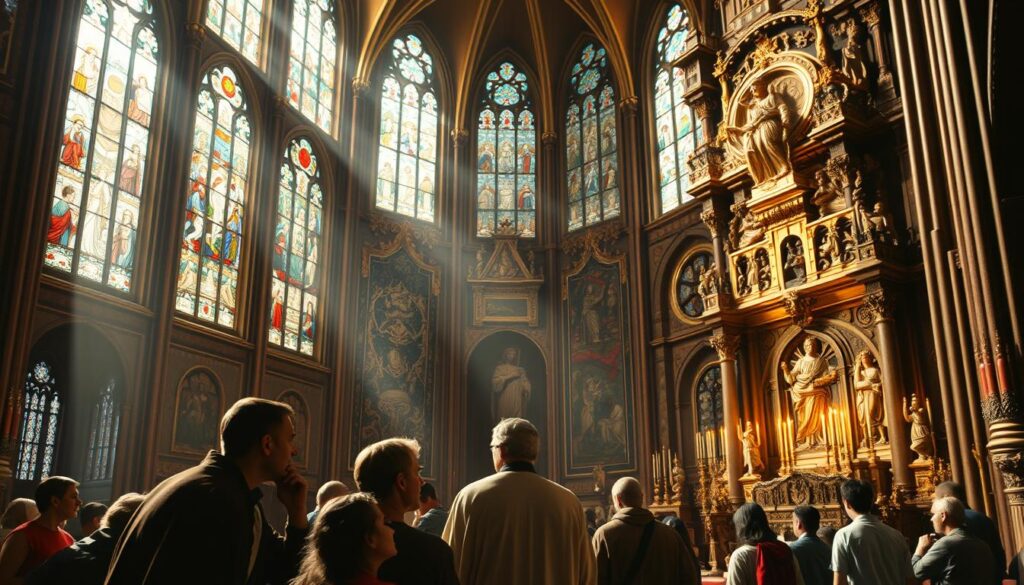 A grand cathedral with stained glass windows casting a warm glow, illuminating a captivating scene of biblical characters in dramatic poses. In the foreground, a group of people gathered around a central figure, their faces etched with intensity and wonder. The middle ground features intricate tapestries and ornate furnishings, transporting the viewer to a bygone era. The background showcases a vast, ornate altar adorned with gilded accents, creating a sense of reverence and awe. The lighting is soft and diffused, lending an air of mysticism and contemplation, as if the viewer has been transported to a sacred space where these timeless stories unfold. A grand cathedral with stained glass windows casting a warm glow, illuminating a captivating scene of biblical characters in dramatic poses. In the foreground, a group of people gathered around a central figure, their faces etched with intensity and wonder. The middle ground features intricate tapestries and ornate furnishings, transporting the viewer to a bygone era. The background showcases a vast, ornate altar adorned with gilded accents, creating a sense of reverence and awe. The lighting is soft and diffused, lending an air of mysticism and contemplation, as if the viewer has been transported to a sacred space where these timeless stories unfold.