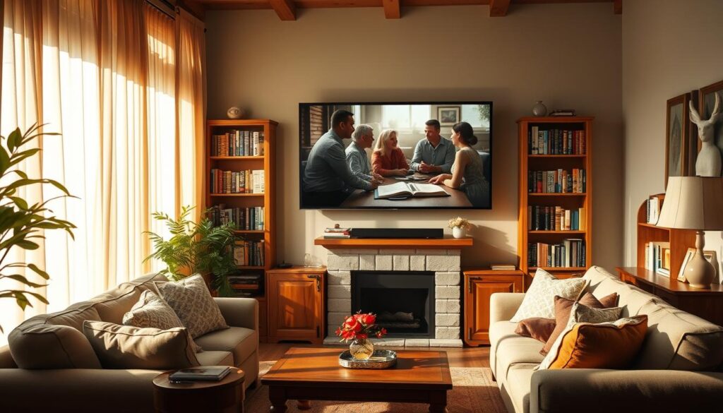 A lush, sun-dappled scene of a cozy living room, adorned with plush couches and warm wooden furniture. On the wall, a large flat-screen TV displays a captivating Christian drama, its characters engaged in heartfelt conversations. Bookshelves flank the television, their spines showcasing an assortment of inspirational novels. The room exudes a sense of tranquility and spiritual serenity, inviting the viewer to immerse themselves in the captivating world of "novelas cristãs." A soft, golden light filters through sheer curtains, casting a gentle glow over the entire scene. A lush, sun-dappled scene of a cozy living room, adorned with plush couches and warm wooden furniture. On the wall, a large flat-screen TV displays a captivating Christian drama, its characters engaged in heartfelt conversations. Bookshelves flank the television, their spines showcasing an assortment of inspirational novels. The room exudes a sense of tranquility and spiritual serenity, inviting the viewer to immerse themselves in the captivating world of "novelas cristãs." A soft, golden light filters through sheer curtains, casting a gentle glow over the entire scene.