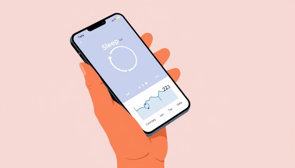 A minimalist, high-contrast illustration depicting a person's hand holding a smartphone displaying sleep data from the "Handy Diary" app. The screen shows a simplified graph or chart visualizing the user's sleep patterns and cycles. The hand is rendered in a warm, natural skin tone, while the smartphone display has a cool, digital aesthetic. The background is a plain, neutral color, keeping the focus on the device and the data it presents. Subtle lighting creates depth and emphasizes the technology, conveying a sense of personal digital health monitoring and self-awareness. A minimalist, high-contrast illustration depicting a person's hand holding a smartphone displaying sleep data from the "Handy Diary" app. The screen shows a simplified graph or chart visualizing the user's sleep patterns and cycles. The hand is rendered in a warm, natural skin tone, while the smartphone display has a cool, digital aesthetic. The background is a plain, neutral color, keeping the focus on the device and the data it presents. Subtle lighting creates depth and emphasizes the technology, conveying a sense of personal digital health monitoring and self-awareness.