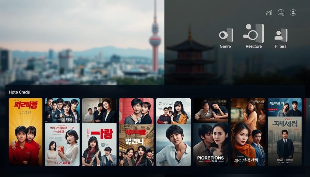 A modern, sleek streaming platform interface showcasing a diverse selection of popular Korean dramas. In the foreground, various drama covers are displayed in a grid layout, with vibrant colors and captivating character portraits. The middle ground features minimalist UI elements, such as search bars, genre filters, and recommendation carousels, all with a clean, minimalist aesthetic. The background showcases a blurred cityscape of Seoul, with the iconic N Seoul Tower visible in the distance, creating a sense of place and cultural context. The overall mood is one of excitement and discovery, inviting the viewer to dive into the rich world of Korean television.