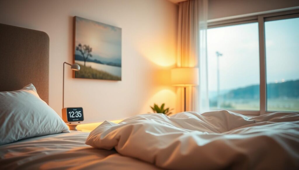 A peaceful and tranquil bedroom scene, bathed in warm, soft lighting. In the foreground, a cozy bed with crisp, white sheets and a plush, inviting duvet. On the nightstand, a stylish lamp casts a gentle glow, complemented by a minimalist digital alarm clock displaying the time. The middle ground features a serene, nature-inspired artwork on the wall, evoking a sense of calm. In the background, a large window allows natural light to filter in, offering a glimpse of a serene outdoor landscape. The overall atmosphere radiates serenity and relaxation, perfectly capturing the essence of "qualidade do sono."