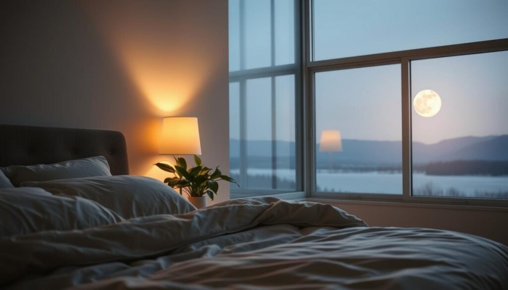 A peaceful bedroom scene, the gentle glow of a bedside lamp casting a warm, inviting ambiance. In the foreground, a plush, comfortable-looking bed adorned with soft, cozy bedding, beckoning a restful night's sleep. Beside the bed, a soothing houseplant and a small, uncluttered nightstand, conveying a sense of tranquility. In the middle ground, a large window overlooking a serene, moonlit landscape, hinting at the restorative power of nature. The overall mood is one of calm, relaxation, and the importance of quality sleep for health and well-being. A peaceful bedroom scene, the gentle glow of a bedside lamp casting a warm, inviting ambiance. In the foreground, a plush, comfortable-looking bed adorned with soft, cozy bedding, beckoning a restful night's sleep. Beside the bed, a soothing houseplant and a small, uncluttered nightstand, conveying a sense of tranquility. In the middle ground, a large window overlooking a serene, moonlit landscape, hinting at the restorative power of nature. The overall mood is one of calm, relaxation, and the importance of quality sleep for health and well-being.