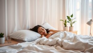 A serene bedroom scene with a person sleeping peacefully in a comfortable bed, surrounded by calming pastel tones. Soft natural light filters through sheer curtains, casting a warm glow across the scene. A nightstand with a simple lamp and a glass of water sits nearby. Potted plants and minimal decor create a tranquil, minimalist atmosphere. The person's expression is relaxed, their body language conveying a sense of deep, restorative slumber. The overall mood is one of harmony, rest, and a healthy sleep routine.