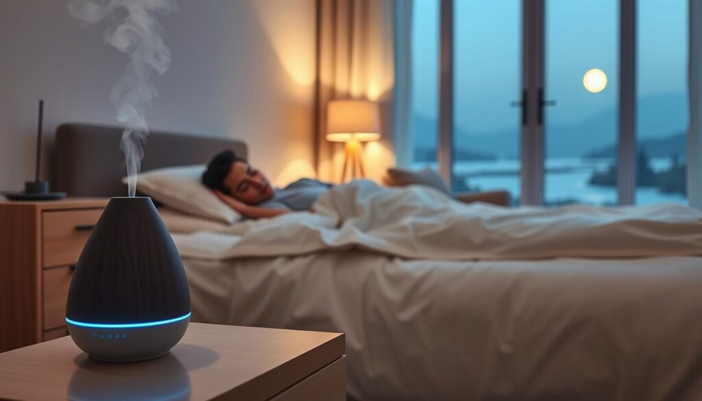 A serene bedroom scene with a sleeping person peacefully resting on a comfortable bed, surrounded by soft, muted lighting and calming pastel colors. In the foreground, a nightstand with a sleep-inducing essential oil diffuser emitting a gentle mist, creating a tranquil atmosphere. The middle ground features a cozy armchair and a floor lamp, while the background showcases a large window overlooking a peaceful, moonlit landscape. The overall composition conveys a sense of relaxation and restfulness, inspiring a good night's sleep.