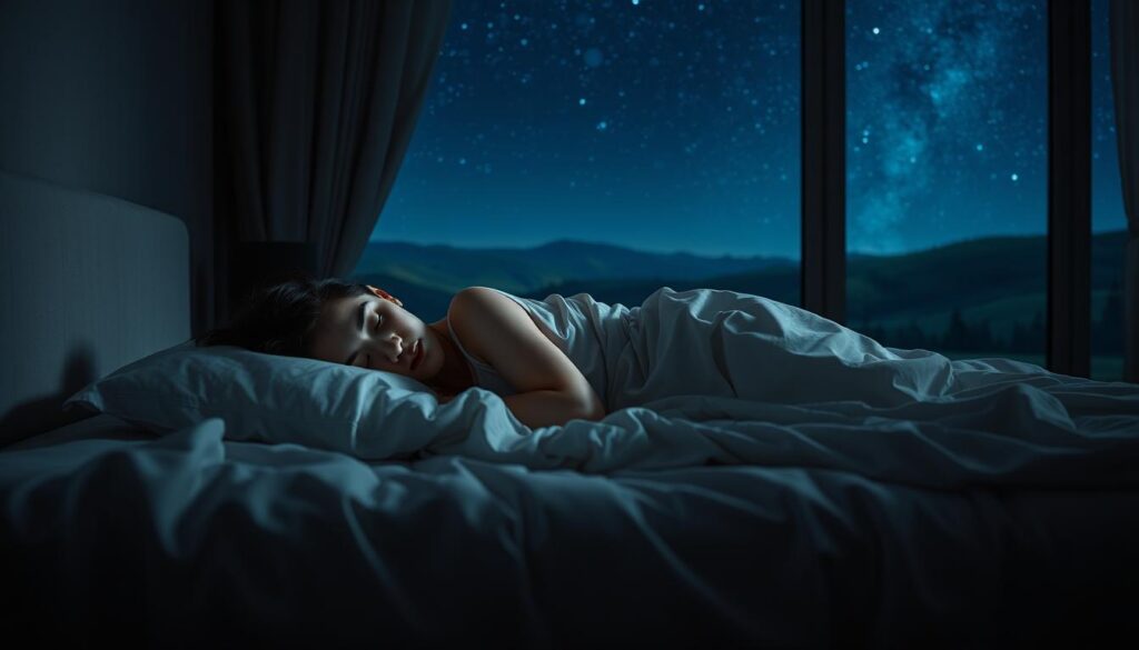 A serene, dimly lit bedroom scene showcasing a person sleeping peacefully on a comfortable mattress. The bed is adorned with soft, cozy bedding, creating a warm and inviting atmosphere. In the background, a tranquil landscape with rolling hills and a starry night sky can be seen through a large window, adding to the calming ambiance. The lighting is soft and gentle, with subtle shadows and highlights accentuating the subject's restful expression. The overall composition conveys a sense of rejuvenation and restorative sleep, reflecting the "Benefícios de Um Sono Restaurador Para Sua Saúde" theme. A serene, dimly lit bedroom scene showcasing a person sleeping peacefully on a comfortable mattress. The bed is adorned with soft, cozy bedding, creating a warm and inviting atmosphere. In the background, a tranquil landscape with rolling hills and a starry night sky can be seen through a large window, adding to the calming ambiance. The lighting is soft and gentle, with subtle shadows and highlights accentuating the subject's restful expression. The overall composition conveys a sense of rejuvenation and restorative sleep, reflecting the "Benefícios de Um Sono Restaurador Para Sua Saúde" theme.