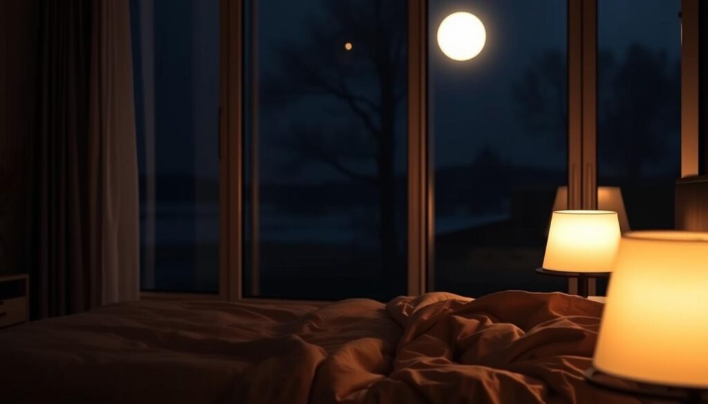 A serene, dimly lit bedroom scene with a comfortable-looking bed in the foreground. Soft, warm lighting from a bedside lamp casts a gentle glow, creating a cozy and inviting atmosphere. In the background, a floor-to-ceiling window overlooks a tranquil, moonlit landscape, suggesting the calming influence of nature. The overall composition conveys a sense of relaxation and restfulness, encouraging the viewer to imagine themselves drifting off into a deep, restorative sleep. A serene, dimly lit bedroom scene with a comfortable-looking bed in the foreground. Soft, warm lighting from a bedside lamp casts a gentle glow, creating a cozy and inviting atmosphere. In the background, a floor-to-ceiling window overlooks a tranquil, moonlit landscape, suggesting the calming influence of nature. The overall composition conveys a sense of relaxation and restfulness, encouraging the viewer to imagine themselves drifting off into a deep, restorative sleep.