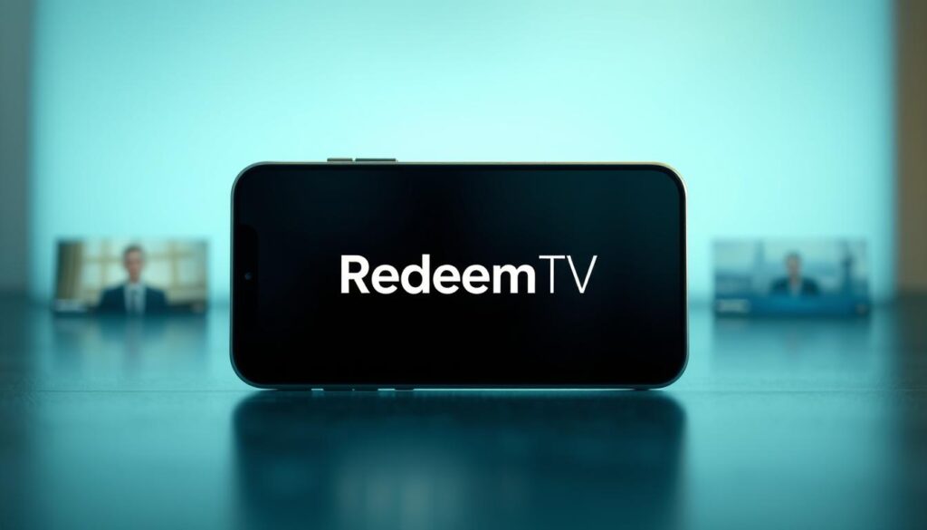 A serene mobile application interface showcasing a variety of Christian-themed video content. In the center, the "Redeem TV" logo stands prominently, rendered in a clean, modern typographic style. The interface is designed with a soothing color palette of soft blues and grays, creating a calming and contemplative atmosphere. The layout features intuitive navigation elements, suggesting an easy-to-use experience for the user. Subtle lighting casts a warm glow, enhancing the sense of spiritual enrichment. The overall impression conveys a platform dedicated to sharing uplifting and meaningful Christian stories. A serene mobile application interface showcasing a variety of Christian-themed video content. In the center, the "Redeem TV" logo stands prominently, rendered in a clean, modern typographic style. The interface is designed with a soothing color palette of soft blues and grays, creating a calming and contemplative atmosphere. The layout features intuitive navigation elements, suggesting an easy-to-use experience for the user. Subtle lighting casts a warm glow, enhancing the sense of spiritual enrichment. The overall impression conveys a platform dedicated to sharing uplifting and meaningful Christian stories.