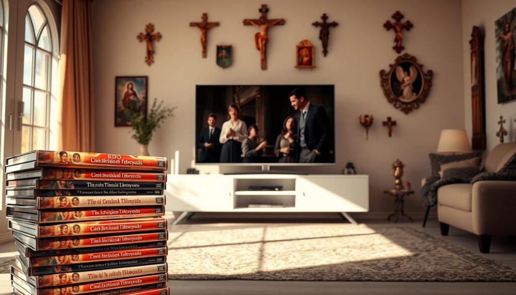 A serene, sun-dappled scene depicting a collection of religious telenovelas. In the foreground, a stack of colorful, glossy DVD cases featuring dramatic character portraits and ornate religious imagery. The middle ground showcases a modern, minimalist entertainment center with a large flatscreen TV displaying a paused scene from one of the shows, the characters frozen in an emotional moment. In the background, a softly lit, reverent room adorned with religious iconography, crucifixes, and other spiritual accoutrements, hinting at the devotional nature of the content. The overall atmosphere is one of quiet contemplation and the comforting embrace of faith-based entertainment. A serene, sun-dappled scene depicting a collection of religious telenovelas. In the foreground, a stack of colorful, glossy DVD cases featuring dramatic character portraits and ornate religious imagery. The middle ground showcases a modern, minimalist entertainment center with a large flatscreen TV displaying a paused scene from one of the shows, the characters frozen in an emotional moment. In the background, a softly lit, reverent room adorned with religious iconography, crucifixes, and other spiritual accoutrements, hinting at the devotional nature of the content. The overall atmosphere is one of quiet contemplation and the comforting embrace of faith-based entertainment.