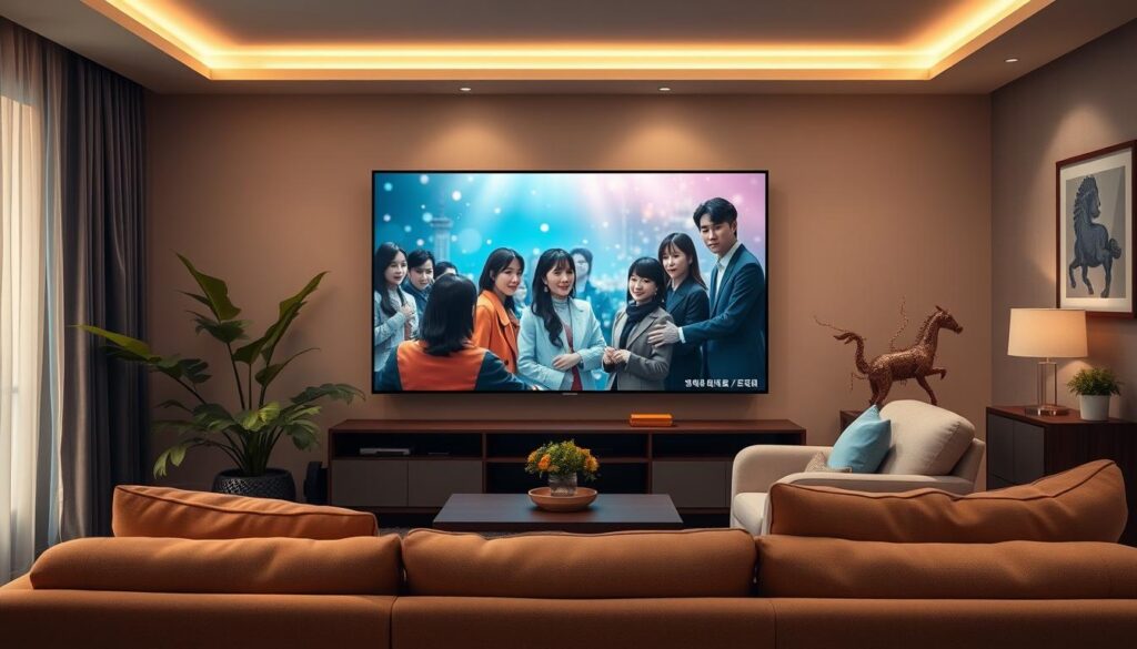 A serene, well-lit scene of a cozy living room, with a large, high-definition TV screen prominently displayed. The screen shows a captivating Korean drama, its vibrant colors and dynamic characters drawing the viewer in. In the foreground, a comfortable couch and armchair invite the audience to settle in and immerse themselves in the storytelling. Soft, warm lighting creates a welcoming atmosphere, while the room's decor, such as lush plants and tasteful artwork, suggests a modern, minimalist aesthetic. The overall mood is one of relaxation and engagement, perfectly capturing the joy of freely accessing a wealth of Korean entertainment on the world's largest video-sharing platform, YouTube. A serene, well-lit scene of a cozy living room, with a large, high-definition TV screen prominently displayed. The screen shows a captivating Korean drama, its vibrant colors and dynamic characters drawing the viewer in. In the foreground, a comfortable couch and armchair invite the audience to settle in and immerse themselves in the storytelling. Soft, warm lighting creates a welcoming atmosphere, while the room's decor, such as lush plants and tasteful artwork, suggests a modern, minimalist aesthetic. The overall mood is one of relaxation and engagement, perfectly capturing the joy of freely accessing a wealth of Korean entertainment on the world's largest video-sharing platform, YouTube.