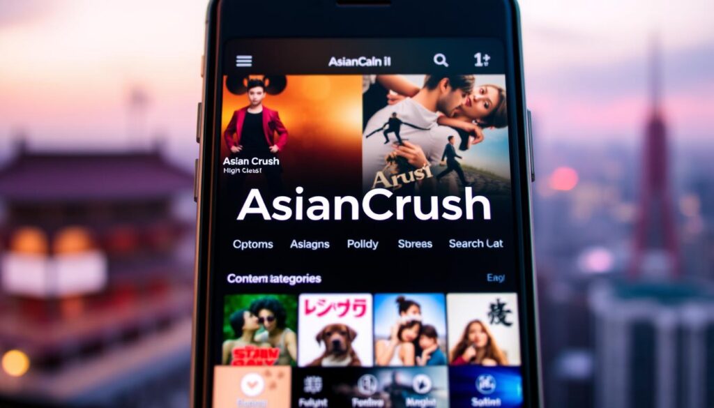 A sleek and visually appealing mobile app interface, showcasing the AsianCrush logo prominently in the center. The app features a clean, minimalist design with vibrant colors, distinct Asian-inspired elements, and a user-friendly layout. The foreground displays a selection of high-quality Asian entertainment content, such as movie posters, TV show thumbnails, and captivating imagery that immediately captures the viewer's attention. The middle ground includes intuitive navigation options, content categories, and a search function, all presented in a visually striking manner. The background features a soft, out-of-focus cityscape or landscape, suggesting an immersive Asian cultural setting. The overall mood is one of sophistication, accessibility, and a celebration of diverse Asian media content. A sleek and visually appealing mobile app interface, showcasing the AsianCrush logo prominently in the center. The app features a clean, minimalist design with vibrant colors, distinct Asian-inspired elements, and a user-friendly layout. The foreground displays a selection of high-quality Asian entertainment content, such as movie posters, TV show thumbnails, and captivating imagery that immediately captures the viewer's attention. The middle ground includes intuitive navigation options, content categories, and a search function, all presented in a visually striking manner. The background features a soft, out-of-focus cityscape or landscape, suggesting an immersive Asian cultural setting. The overall mood is one of sophistication, accessibility, and a celebration of diverse Asian media content.