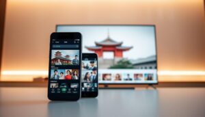 A sleek, modern mobile application interface showcasing the Kocowa streaming service. The foreground depicts the app's clean, intuitive UI, featuring large thumbnails of popular Korean dramas. The middle ground highlights the app's seamless cross-device functionality, with the app displayed on a smartphone, tablet, and smart TV screen. The background subtly suggests the immersive world of Korean entertainment, with hints of traditional patterns and architectural elements. Elegant lighting casts a warm, inviting glow, creating a premium, user-friendly atmosphere that captures the essence of the Kocowa experience.