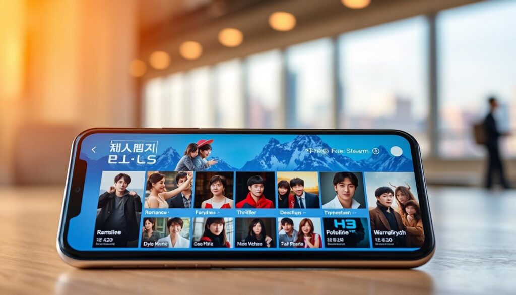 A sleek, modern mobile device display showcasing a vibrant, high-definition streaming interface for Korean dramas (doramas). The foreground features the app's clean, intuitive user interface with prominent thumbnails and titles of popular drama series. The middle ground depicts a variety of drama genre icons, from romance to thriller, hinting at the diverse content library. The background is a softly blurred cityscape, suggesting the urban, cosmopolitan setting where users might access this free, on-the-go streaming service. Warm, natural lighting creates a cozy, inviting atmosphere, encouraging the viewer to explore and discover the world of Korean television dramas.