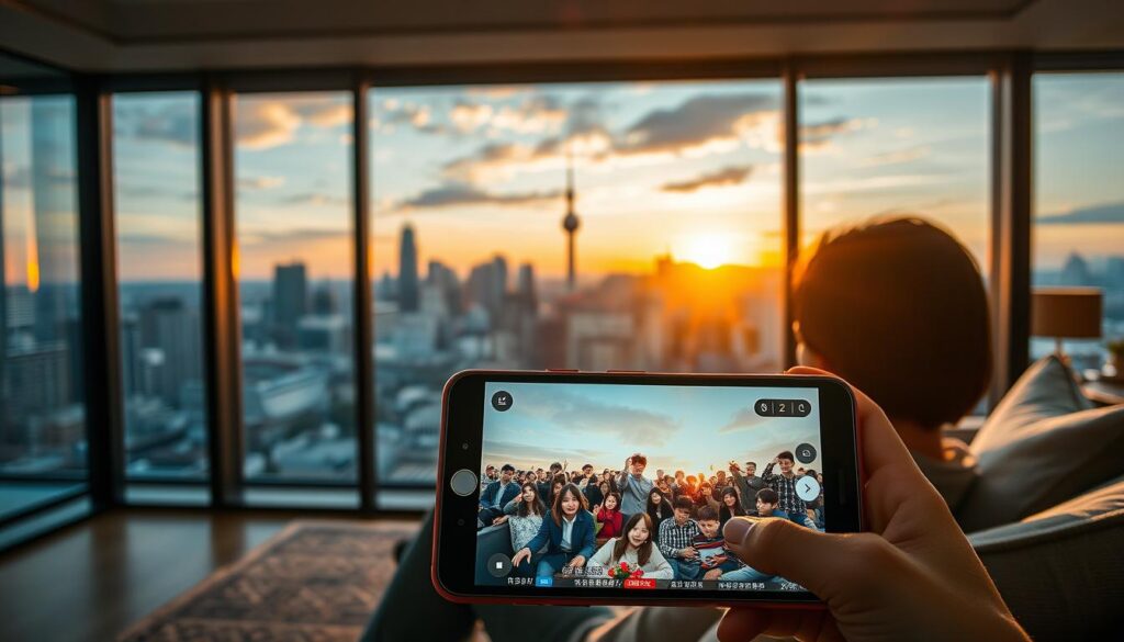 A stunning vista of Seoul's skyline, bathed in the warm glow of the setting sun. In the foreground, a sleek, modern smartphone displays the vibrant, high-definition interface of a Korean drama streaming app, its UI elements effortlessly blending with the cityscape. The midground features a cozy, well-appointed living room, where a viewer sits transfixed, absorbed in the captivating storyline unfolding on the device's screen. The background showcases the iconic architecture of Seoul, with towering skyscrapers and the distinctive silhouette of the N Seoul Tower in the distance, creating a sense of place and immersion. The overall atmosphere is one of relaxation, entertainment, and the seamless integration of technology and content, reflecting the convenience and accessibility of enjoying Korean dramas online. A stunning vista of Seoul's skyline, bathed in the warm glow of the setting sun. In the foreground, a sleek, modern smartphone displays the vibrant, high-definition interface of a Korean drama streaming app, its UI elements effortlessly blending with the cityscape. The midground features a cozy, well-appointed living room, where a viewer sits transfixed, absorbed in the captivating storyline unfolding on the device's screen. The background showcases the iconic architecture of Seoul, with towering skyscrapers and the distinctive silhouette of the N Seoul Tower in the distance, creating a sense of place and immersion. The overall atmosphere is one of relaxation, entertainment, and the seamless integration of technology and content, reflecting the convenience and accessibility of enjoying Korean dramas online.