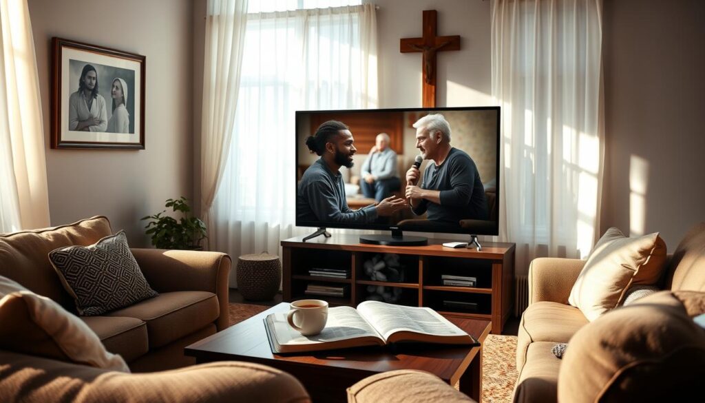 A sun-dappled living room with a cozy couch and plush armchair, a large flatscreen TV at the center, displaying a captivating Christian drama. Soft natural light filters through sheer curtains, casting a warm glow on the scene. Framed religious artwork and a wooden cross adorn the walls, creating an atmosphere of reverence and faith. On the coffee table, an open Bible and a mug of steaming tea, inviting the viewer to pause and reflect. The viewer's focus is drawn to the TV screen, where the characters' expressions and actions convey a sense of hope, redemption, and the power of divine love. The overall impression is one of comfort, contemplation, and the strengthening of one's spiritual connection.