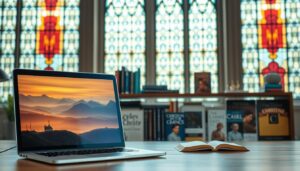 A tranquil and contemplative scene depicting various online Christian content. In the foreground, a modern laptop or tablet displays a serene religious landscape, the screen casting a warm glow. In the middle ground, a well-curated library of digital books, podcasts, and video lessons on Christian themes is neatly organized. In the background, a large stained-glass window filters soft, multi-colored light, creating an atmosphere of reverence and spirituality. The overall composition conveys a sense of accessibility, education, and devotion to the Christian faith through the thoughtful curation of online resources.