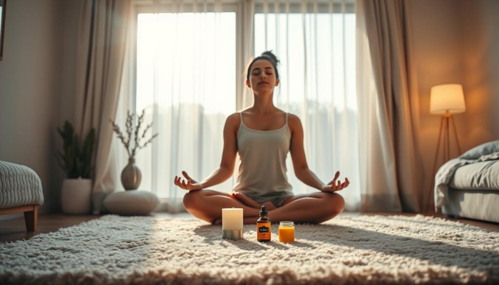 A tranquil bedroom scene with a person practicing relaxation techniques for better sleep. The foreground features a person sitting cross-legged on a plush rug, eyes closed in meditation, hands resting on their knees. Soft, warm lighting illuminates the room, creating a cozy, peaceful atmosphere. In the middle ground, a set of essential oil diffusers and candles emit a soothing fragrance. The background showcases a large window with sheer curtains, allowing natural light to filter in and silhouette the person's form. The overall mood is one of serenity, inviting the viewer to find their own state of calm and restfulness. A tranquil bedroom scene with a person practicing relaxation techniques for better sleep. The foreground features a person sitting cross-legged on a plush rug, eyes closed in meditation, hands resting on their knees. Soft, warm lighting illuminates the room, creating a cozy, peaceful atmosphere. In the middle ground, a set of essential oil diffusers and candles emit a soothing fragrance. The background showcases a large window with sheer curtains, allowing natural light to filter in and silhouette the person's form. The overall mood is one of serenity, inviting the viewer to find their own state of calm and restfulness.