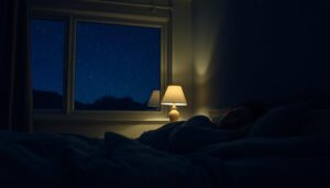 A tranquil nighttime scene with a sleeping person nestled in a cozy, dimly lit bedroom. In the foreground, a plush, inviting bed with soft, muted bedding. Nearby, a bedside table with a glowing lamp, casting a warm, ambient light throughout the space. In the background, a window revealing a starry night sky, creating a sense of serene solitude. The overall atmosphere is calming and restful, evoking a feeling of deep, restorative sleep.