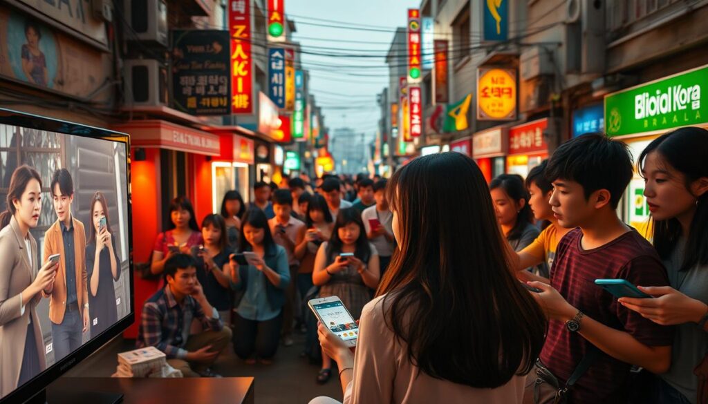A vibrant Korean drama scene set against the backdrop of the bustling streets of Brazil. In the foreground, a group of young people gathered around a TV screen, enthralled by the captivating storyline unfolding on the screen. The middle ground features a diverse crowd of Brazilian viewers, their faces lit by the glow of their mobile devices, scrolling through forums and social media, discussing the latest plot twists. In the background, colorful street signs and storefronts reflect the cultural fusion between Korea and Brazil, highlighting the growing popularity of Korean entertainment in the region. Warm, diffused lighting casts a cozy, inviting atmosphere, conveying the sense of community and shared enthusiasm for these beloved Korean dramas. A vibrant Korean drama scene set against the backdrop of the bustling streets of Brazil. In the foreground, a group of young people gathered around a TV screen, enthralled by the captivating storyline unfolding on the screen. The middle ground features a diverse crowd of Brazilian viewers, their faces lit by the glow of their mobile devices, scrolling through forums and social media, discussing the latest plot twists. In the background, colorful street signs and storefronts reflect the cultural fusion between Korea and Brazil, highlighting the growing popularity of Korean entertainment in the region. Warm, diffused lighting casts a cozy, inviting atmosphere, conveying the sense of community and shared enthusiasm for these beloved Korean dramas.
