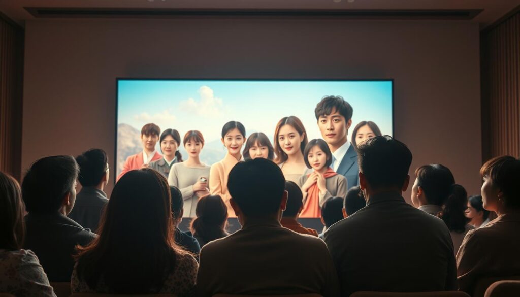 A vibrant and captivating scene depicting the enduring appeal of Korean dramas. In the foreground, a group of diverse viewers, each immersed in the emotional storytelling, their faces illuminated by the soft glow of a large, high-definition television screen. In the middle ground, a collage of iconic Korean drama characters, their expressive features and elegant costumes evocative of the genre's signature style. The background is a dreamlike, hazy landscape, suggesting the transportive nature of these beloved narratives, where viewers can escape the everyday and connect with universal human experiences. The lighting is warm and cinematic, creating a sense of intimacy and connection. The overall composition conveys the powerful allure of Korean dramas, captivating audiences worldwide with their compelling narratives, relatable characters, and visually stunning aesthetics. A vibrant and captivating scene depicting the enduring appeal of Korean dramas. In the foreground, a group of diverse viewers, each immersed in the emotional storytelling, their faces illuminated by the soft glow of a large, high-definition television screen. In the middle ground, a collage of iconic Korean drama characters, their expressive features and elegant costumes evocative of the genre's signature style. The background is a dreamlike, hazy landscape, suggesting the transportive nature of these beloved narratives, where viewers can escape the everyday and connect with universal human experiences. The lighting is warm and cinematic, creating a sense of intimacy and connection. The overall composition conveys the powerful allure of Korean dramas, captivating audiences worldwide with their compelling narratives, relatable characters, and visually stunning aesthetics.