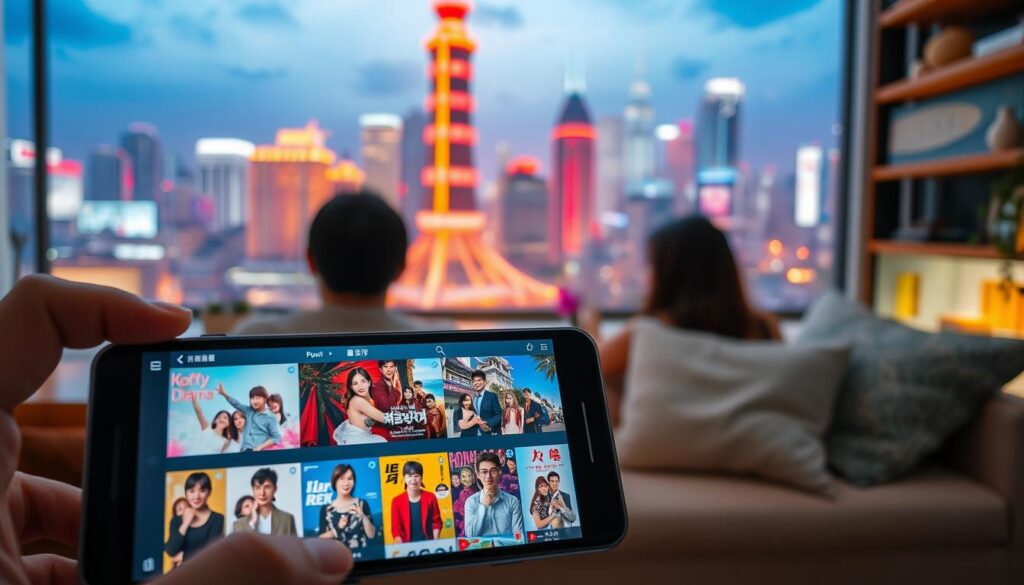A vibrant and captivating scene of Korean dramas streaming online. In the foreground, a smartphone or tablet display showcases a selection of popular Korean drama titles, their captivating posters and promotional imagery. The middle ground features a cozy living room setting, with a comfortable couch, plush pillows, and a warm ambient lighting that sets the mood for an immersive viewing experience. In the background, a vibrant, stylized cityscape of Seoul with its iconic skyscrapers and neon-lit streets creates a sense of place, reflecting the cultural origins of these captivating stories. The overall atmosphere is one of escapism, excitement, and the growing global fascination with the allure of Korean entertainment.