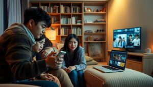 A vibrant and dynamic scene of Korean television dramas streaming online. In the foreground, a group of young adults huddle around a smartphone, engrossed in the latest K-drama episode. The middle ground features a cozy living room setting, with a plush sofa, warm lighting, and a laptop displaying a streaming service UI. In the background, a bookshelf filled with Korean literature and a wall-mounted TV playing a scene from a drama creates a sense of immersion. The overall atmosphere is one of comfort, shared experience, and a passion for exploring the captivating world of Korean entertainment.