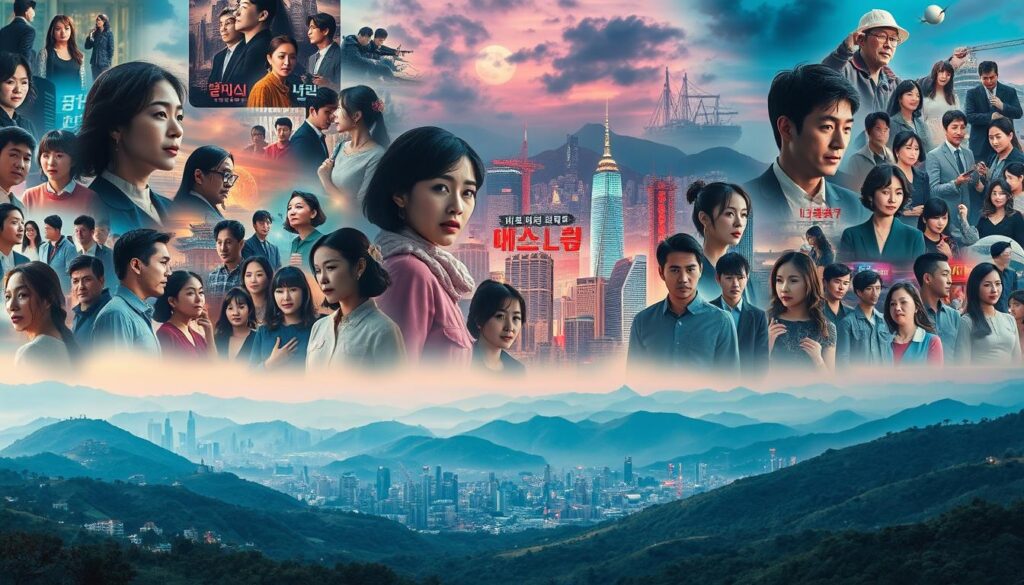 A vibrant and mesmerizing collection of popular K-dramas and Asian series, depicted with a captivating and immersive visual style. In the foreground, a collage of iconic characters, scenes, and dramatic moments from beloved shows, rendered in a rich, cinematic palette. In the middle ground, a vibrant array of neon-tinged city skylines, bustling with the energy of Asia's cultural hubs. In the background, a dreamlike, hazy landscape of rolling hills and serene natural vistas, hinting at the escapist allure of these addictive narratives. The overall composition evokes a sense of obsession, captivation, and the all-consuming pull of K-drama fandom, captured through a lens of vivid, atmospheric splendor.