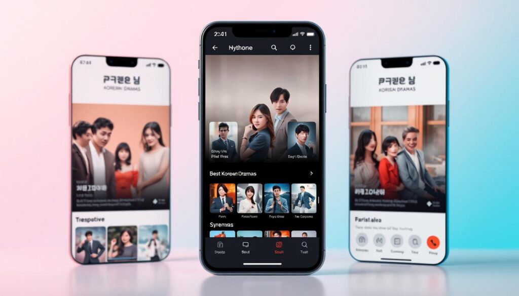 A vibrant and visually captivating mobile application interface, showcasing the best Korean dramas available for streaming. The foreground features a clean, intuitive layout with prominent imagery of popular drama series, seamlessly blending with the middle ground's sleek UI elements, such as dynamic menu options and navigation controls. The background subtly echoes the distinct aesthetic of Korean entertainment, with soft pastel hues, minimalist design flourishes, and a sense of cinematic quality. The overall mood is one of accessibility, immersion, and a celebration of the rich tapestry of Korean storytelling. A well-balanced composition that captures the essence of a must-have app for Korean drama enthusiasts. A vibrant and visually captivating mobile application interface, showcasing the best Korean dramas available for streaming. The foreground features a clean, intuitive layout with prominent imagery of popular drama series, seamlessly blending with the middle ground's sleek UI elements, such as dynamic menu options and navigation controls. The background subtly echoes the distinct aesthetic of Korean entertainment, with soft pastel hues, minimalist design flourishes, and a sense of cinematic quality. The overall mood is one of accessibility, immersion, and a celebration of the rich tapestry of Korean storytelling. A well-balanced composition that captures the essence of a must-have app for Korean drama enthusiasts.