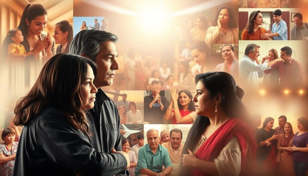 A vibrant collage of Christian telenovelas, captured in a warm, cinematic style. In the foreground, a group of characters engaged in earnest conversation, their expressions conveying the emotional weight of their spiritual journeys. The middle ground features a tapestry of iconic scenes, from joyful family gatherings to solemn moments of prayer and reflection. The background is a soft, ethereal blur, suggesting the divine inspiration that guides these stories. Lighting is gentle and natural, casting a heavenly glow. The overall composition evokes a sense of faith, community, and the transformative power of storytelling. A vibrant collage of Christian telenovelas, captured in a warm, cinematic style. In the foreground, a group of characters engaged in earnest conversation, their expressions conveying the emotional weight of their spiritual journeys. The middle ground features a tapestry of iconic scenes, from joyful family gatherings to solemn moments of prayer and reflection. The background is a soft, ethereal blur, suggesting the divine inspiration that guides these stories. Lighting is gentle and natural, casting a heavenly glow. The overall composition evokes a sense of faith, community, and the transformative power of storytelling.