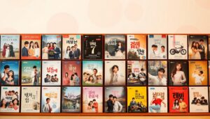 A vibrant grid of Korean drama book covers, showcasing a diverse collection of popular series. The foreground features a clean, minimalist layout with neatly arranged book thumbnails, each highlighting the unique styles and branding of various titles. The middle ground offers a subtle, blurred backdrop of soft pastel hues, creating a sense of depth and emphasizing the focal point of the book covers. The background subtly hints at traditional Korean design elements, such as delicate patterns or abstract shapes, adding a touch of cultural flair to the overall composition. Warm, natural lighting casts a gentle glow, enhancing the appealing aesthetics and making the image visually captivating.