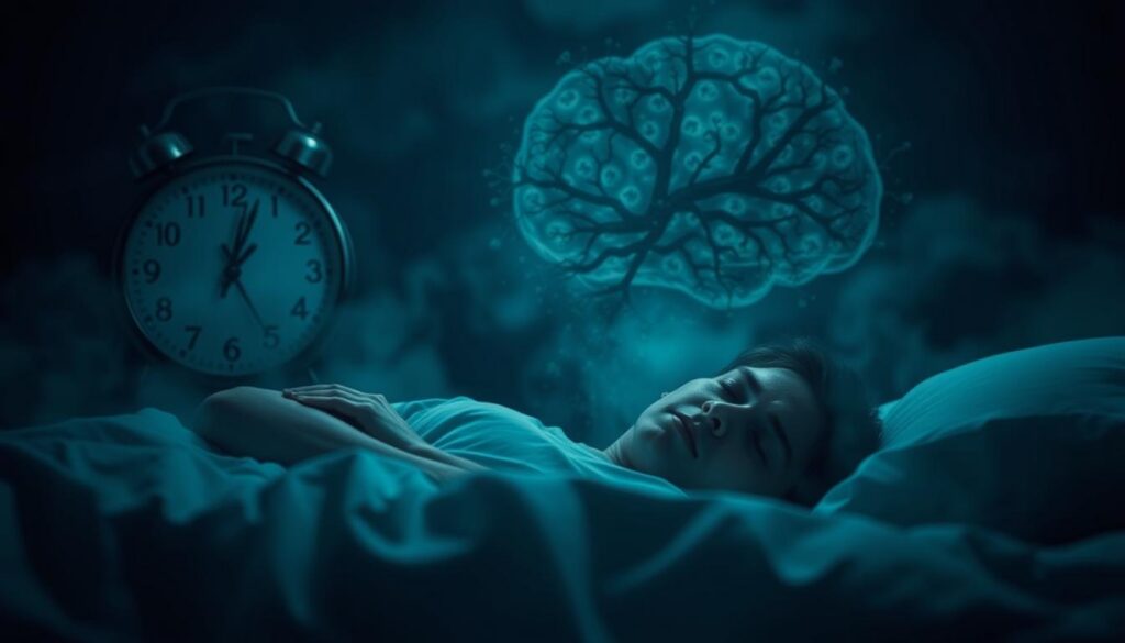 Restless night, tossing and turning - a vivid depiction of insomnia's impact on sleep. In the foreground, a figure lies awake, eyes open, surrounded by a hazy, dreamlike atmosphere. The middle ground features a clock, hands moving sluggishly, symbolizing the passage of time. In the background, a shadowy, abstract representation of the brain, with disrupted neural pathways, conveys the physiological effects of insomnia. Soft, muted colors, with a touch of blue-green hues, create a sense of unease and discomfort. The overall composition elicits a sense of exhaustion and the struggle to find rest.