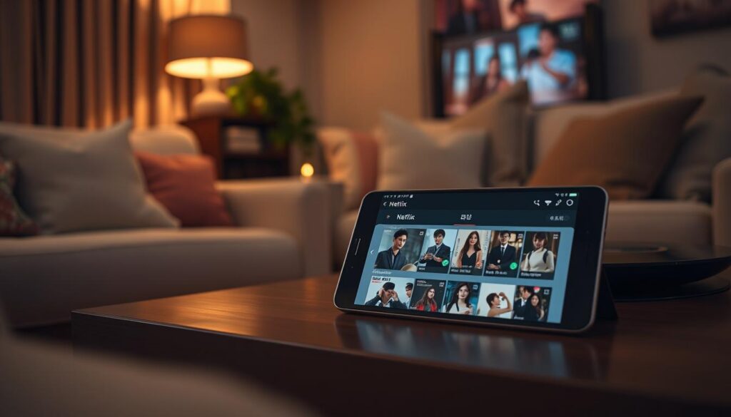 A cozy living room with plush seating and warm lighting, a smartphone or tablet resting on a coffee table displaying the Netflix or Kocowa app interface, showcasing a selection of captivating K-drama titles. The room is filled with a sense of comfort and anticipation, inviting the viewer to immerse themselves in the emotional storytelling of these Korean television series. The overall atmosphere is one of relaxation and excitement, capturing the essence of the "Onde assistir: Netflix, Kocowa e outros aplicativos para assistir k-dramas emocionantes" section of the article.