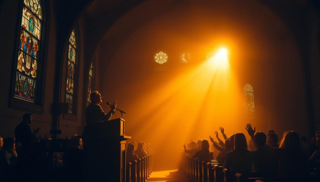 A dimly lit church interior, bathed in warm, golden light streaming through stained glass windows. In the foreground, a pulpit stands prominently, with a pastor delivering a passionate sermon, gesturing emphatically. The middle ground features rows of wooden pews, occupied by a congregation of worshippers, their hands raised in prayer. The background is shrouded in atmospheric haze, creating a sense of reverence and spiritual connection. The scene captures the essence of a live worship service, with a palpable sense of devotion and community. A dimly lit church interior, bathed in warm, golden light streaming through stained glass windows. In the foreground, a pulpit stands prominently, with a pastor delivering a passionate sermon, gesturing emphatically. The middle ground features rows of wooden pews, occupied by a congregation of worshippers, their hands raised in prayer. The background is shrouded in atmospheric haze, creating a sense of reverence and spiritual connection. The scene captures the essence of a live worship service, with a palpable sense of devotion and community.