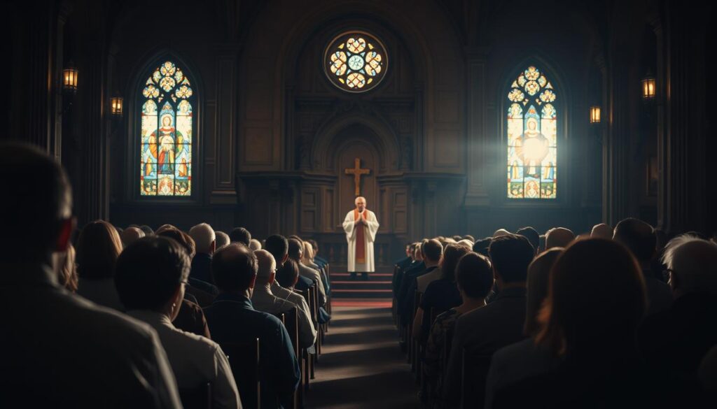 A dimly lit church interior, the pews filled with worshippers engaged in a solemn service. Soft, warm lighting casts a reverent glow, highlighting the ornate architecture and stained glass windows. In the foreground, a congregation of diverse individuals - some with heads bowed in prayer, others intently listening to the sermon. The middle ground reveals a pulpit where a robed figure delivers the sermon, their gestures and expressions conveying the gravity of the moment. In the background, the shadows of the church create a sense of contemplative stillness, as if the very walls bear witness to the profound spiritual experience unfolding. An atmosphere of solemnity and devotion permeates the scene. A dimly lit church interior, the pews filled with worshippers engaged in a solemn service. Soft, warm lighting casts a reverent glow, highlighting the ornate architecture and stained glass windows. In the foreground, a congregation of diverse individuals - some with heads bowed in prayer, others intently listening to the sermon. The middle ground reveals a pulpit where a robed figure delivers the sermon, their gestures and expressions conveying the gravity of the moment. In the background, the shadows of the church create a sense of contemplative stillness, as if the very walls bear witness to the profound spiritual experience unfolding. An atmosphere of solemnity and devotion permeates the scene.