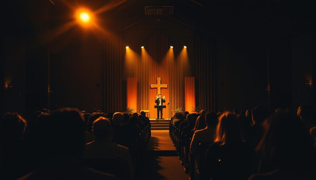 A dimly lit church interior, with a stage at the front illuminated by warm spotlights. The congregation sits in pews, their faces fixed on the pulpit where a charismatic preacher stands, hands raised in an impassioned sermon. The air is thick with a sense of devotion and spiritual energy. The scene is captured with a cinematic, high-contrast aesthetic, creating an immersive atmosphere of a live evangelical worship service. A dimly lit church interior, with a stage at the front illuminated by warm spotlights. The congregation sits in pews, their faces fixed on the pulpit where a charismatic preacher stands, hands raised in an impassioned sermon. The air is thick with a sense of devotion and spiritual energy. The scene is captured with a cinematic, high-contrast aesthetic, creating an immersive atmosphere of a live evangelical worship service.