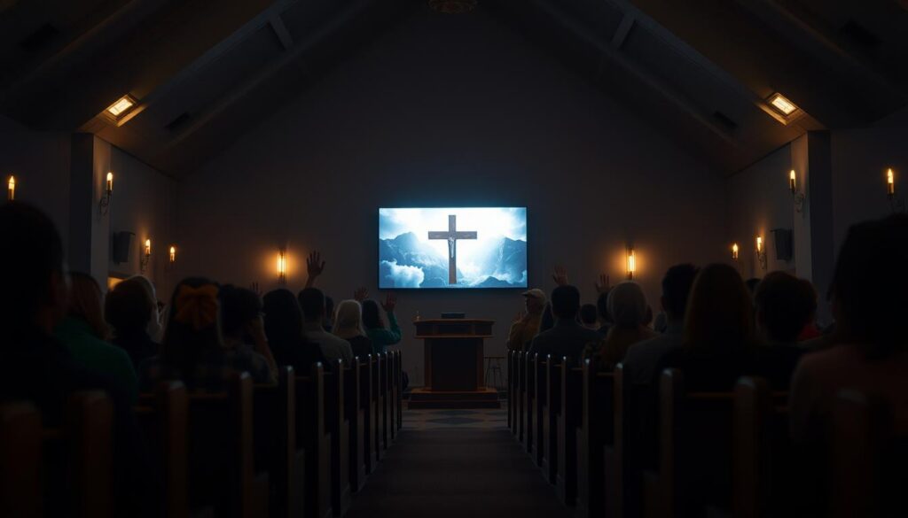 A dimly lit church interior, with rows of wooden pews and a simple wooden altar at the front. Soft, warm lighting bathes the space, creating an intimate, reflective atmosphere. In the center, a group of people are gathered, their hands raised in worship, their faces illuminated by the glow of a large screen displaying a live-streamed sermon. The scene conveys a sense of community and spiritual connection, despite the remote, virtual setting. The overall composition emphasizes the tranquility and devotion of the online congregation, capturing the essence of a free, accessible digital church experience. A dimly lit church interior, with rows of wooden pews and a simple wooden altar at the front. Soft, warm lighting bathes the space, creating an intimate, reflective atmosphere. In the center, a group of people are gathered, their hands raised in worship, their faces illuminated by the glow of a large screen displaying a live-streamed sermon. The scene conveys a sense of community and spiritual connection, despite the remote, virtual setting. The overall composition emphasizes the tranquility and devotion of the online congregation, capturing the essence of a free, accessible digital church experience.