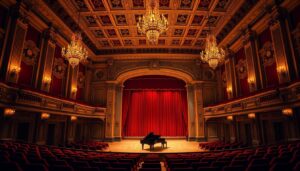 A grand concert hall with ornate columns and intricate moldings lining the walls. The stage is bathed in warm, golden lighting, casting a inviting glow on the rows of plush, red velvet seats. In the center, a magnificent grand piano stands, its glossy ebony finish gleaming. Strings of golden chandeliers hang overhead, casting a soft, ambient light throughout the space. The atmosphere is one of elegance and timeless sophistication, perfectly capturing the essence of "Música Clássica".