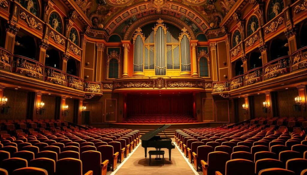A grand, ornate concert hall filled with elegance and timeless beauty. Rows of plush, velvet-upholstered seats face a majestic stage, adorned with intricate gilded moldings and a towering pipe organ. Soft, warm lighting casts a nostalgic glow, evoking a sense of reverence and anticipation. In the center, a grand piano sits, gleaming under the spotlight, ready to unleash the power and emotion of classical music. The air is thick with the scent of polished wood and the faint aroma of fine leather. This is a sanctuary where the melodies of the past come alive, transporting the audience to a bygone era of refined sophistication and musical mastery.