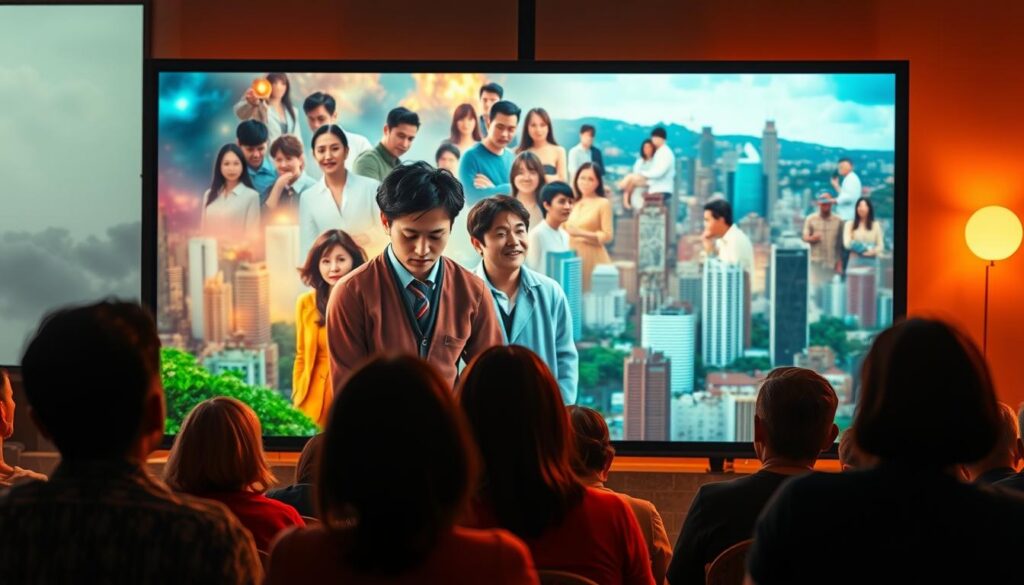 A large, imposing television screen dominates the foreground, its screen filled with colorful, dramatic scenes from a captivating Korean drama. In the middle ground, a diverse group of enthralled viewers sit transfixed, their eyes glued to the mesmerizing display. The background depicts a vibrant, bustling Brazilian city skyline, hinting at the widespread popularity and impact of these Korean TV series in the country. The lighting is warm and cinematic, creating a sense of immersion and emotional investment. The overall scene conveys the captivating allure and cultural phenomenon of Korean dramas that have captivated audiences in Brazil.
