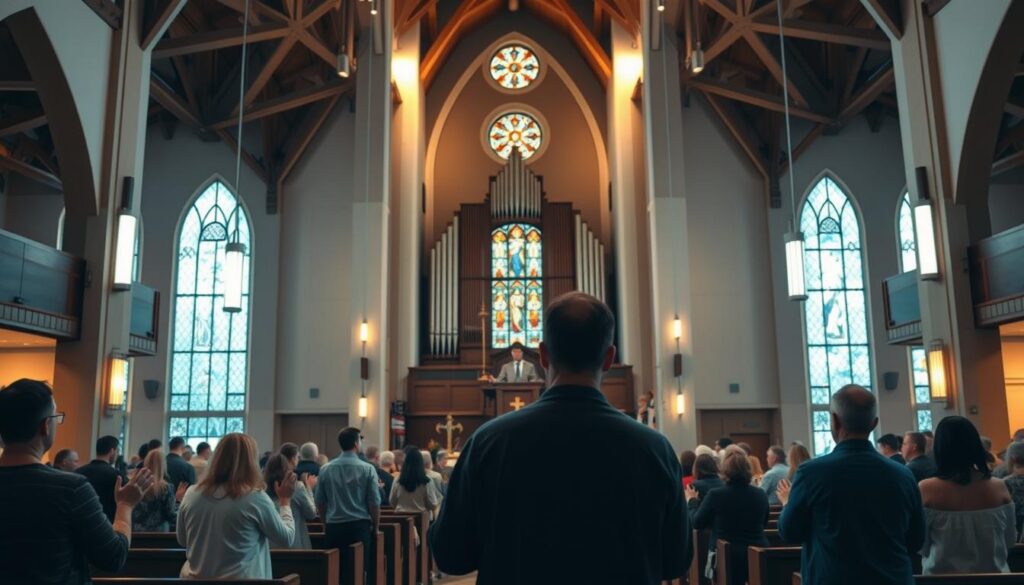 A large, modern church interior with high ceilings, ornate architectural details, and warm lighting. In the foreground, a group of people stand in prayer, their hands raised and expressions serene. In the middle ground, a speaker stands at a podium, delivering a sermon to the congregation. The background features rows of wooden pews, a towering stained-glass window, and a grand pipe organ. The atmosphere is one of solemn reverence and spiritual connection, conveying the essence of a live, in-person church service. A large, modern church interior with high ceilings, ornate architectural details, and warm lighting. In the foreground, a group of people stand in prayer, their hands raised and expressions serene. In the middle ground, a speaker stands at a podium, delivering a sermon to the congregation. The background features rows of wooden pews, a towering stained-glass window, and a grand pipe organ. The atmosphere is one of solemn reverence and spiritual connection, conveying the essence of a live, in-person church service.