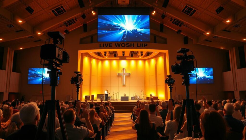 A modern church interior with a large, central stage and seating for a congregation. The stage is brightly lit with warm, golden lighting, creating a welcoming and reverent atmosphere. Several cameras are positioned around the stage, capturing the live worship service in high definition. The congregation is shown engaged in the service, with their hands raised in praise. The background features a large, high-definition display screen projecting the live stream feed, seamlessly integrating the virtual and physical worship experience. The overall composition conveys a sense of immersion and connection, reflecting the 24-hour accessibility of the live worship broadcasts. A modern church interior with a large, central stage and seating for a congregation. The stage is brightly lit with warm, golden lighting, creating a welcoming and reverent atmosphere. Several cameras are positioned around the stage, capturing the live worship service in high definition. The congregation is shown engaged in the service, with their hands raised in praise. The background features a large, high-definition display screen projecting the live stream feed, seamlessly integrating the virtual and physical worship experience. The overall composition conveys a sense of immersion and connection, reflecting the 24-hour accessibility of the live worship broadcasts.