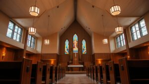 A modern church interior with high ceilings, warm lighting, and serene atmosphere. Wooden pews and an ornate altar in the foreground, with stained glass windows casting multicolored light in the middle ground. The background features a tranquil, cloud-filled sky visible through the windows, creating a calming and spiritual ambiance. The overall composition conveys a sense of peace, reverence, and accessibility to religious services available 24 hours a day.