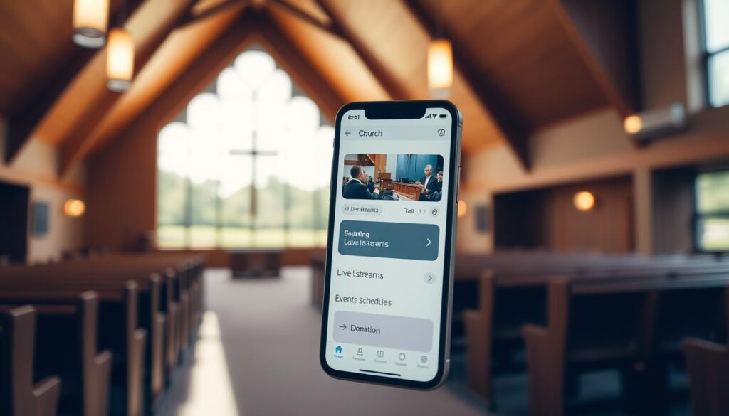 A modern, clean church mobile app interface with a minimalist design. In the foreground, a smartphone screen displays a user-friendly app with options to access live streams, event schedules, and donation features. The middle ground shows a serene, well-lit church interior with warm, natural lighting and wooden accents. In the background, a soft, blurred view of the church's exterior with a lush, green landscape. The overall atmosphere conveys a sense of simplicity, accessibility, and spiritual connection, encouraging users to easily engage with their church community. A modern, clean church mobile app interface with a minimalist design. In the foreground, a smartphone screen displays a user-friendly app with options to access live streams, event schedules, and donation features. The middle ground shows a serene, well-lit church interior with warm, natural lighting and wooden accents. In the background, a soft, blurred view of the church's exterior with a lush, green landscape. The overall atmosphere conveys a sense of simplicity, accessibility, and spiritual connection, encouraging users to easily engage with their church community.