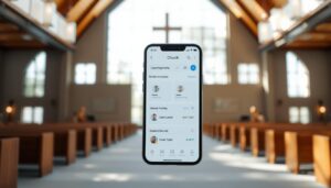 A modern, intuitive church management app with a clean, minimalist interface showcasing essential features like event scheduling, member management, and donation tracking. The foreground depicts a smartphone screen displaying the app's main dashboard, with neatly organized sections for upcoming events, member profiles, and donation records. The middle ground features a blurred background of a contemporary church interior, with natural lighting streaming through large windows, creating a calming, spiritual atmosphere. The overall composition conveys a sense of efficiency, organization, and seamless integration of technology into the church experience.