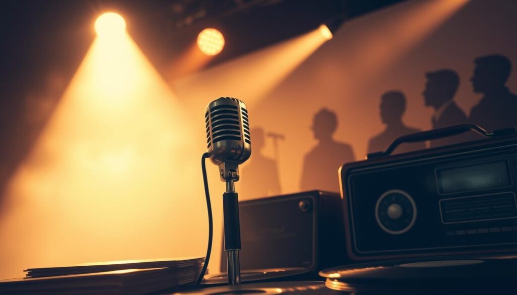 A nostalgic scene of "Sucessos de Outrora" - a dimly lit stage with a vintage microphone, surrounded by worn vinyl records and a retro-style radio. The warm glow of stage lights illuminates the scene, casting long shadows and a sense of timeless charm. In the background, hazy silhouettes of past musical icons, their legacies echoing through the ages. The composition evokes a reverence for the golden era of music, with a subtle hint of melancholy for the bygone days. Soft, muted tones create an atmospheric, almost sepia-toned effect, capturing the essence of a beloved cultural heritage.