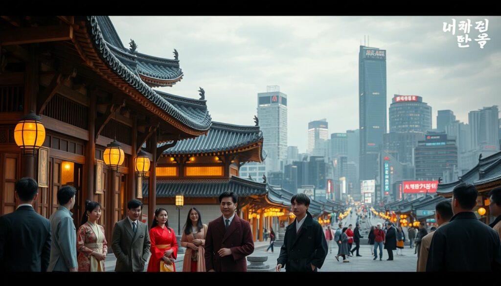 A picturesque scene of a bustling Korean drama set, featuring a vibrant array of characters and props. In the foreground, a group of actors in traditional Korean attire stand on an elaborate outdoor set, emoting with passionate expressions. The middle ground showcases a traditional Korean building, its intricate architecture and warm lighting creating an inviting atmosphere. In the background, a stunning cityscape of Seoul's skyscrapers and neon-lit streets sets the urban backdrop for this captivating Korean drama.The scene is bathed in a soft, cinematic lighting, capturing the alluring essence of Korean storytelling on the screen.