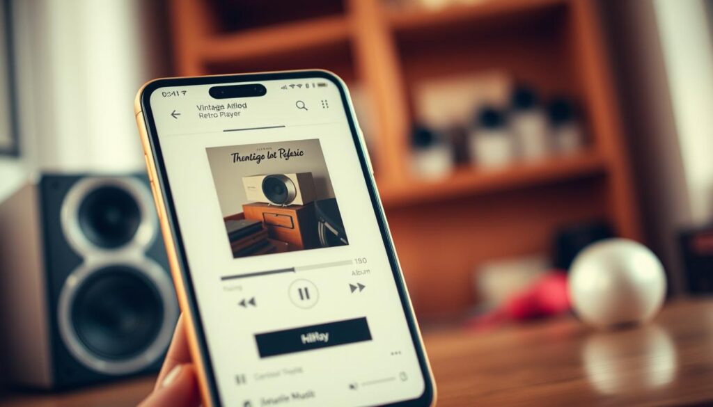 A retro-styled mobile app interface, featuring a classic radio player and an album art carousel highlighting vintage music releases. The foreground showcases a clean, minimalist design with large album cover thumbnails, simple playback controls, and a nostalgic color palette of muted tones. The background depicts a blurred, warm-toned environment, evoking the ambiance of a cozy, analog-inspired setting. Soft lighting creates a gentle, inviting atmosphere, while the camera angle provides a dynamic, slightly elevated perspective to showcase the app's elegant, user-friendly layout. The overall impression conveys a sense of timeless appeal and a dedication to preserving the essence of classic music listening experiences.